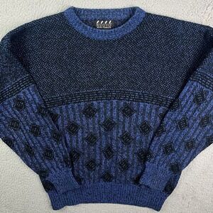 Vintage Nuovo New Forces Sweater Knit Geometric 90's‎ Grandpa Blue Sweatshirt
